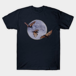 Watercolor Halloween Bats at Midnight in front of a Full Moon T-Shirt